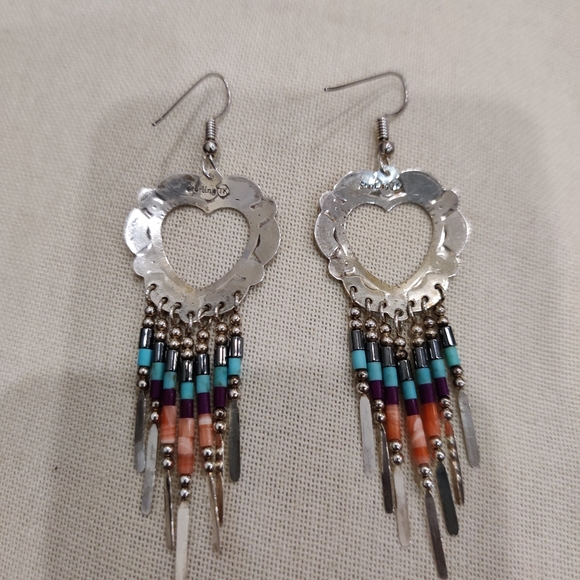 Vintage Native American Navajo TK Emerson  Silver Dangling Heart Earrings - Picture 8 of 9